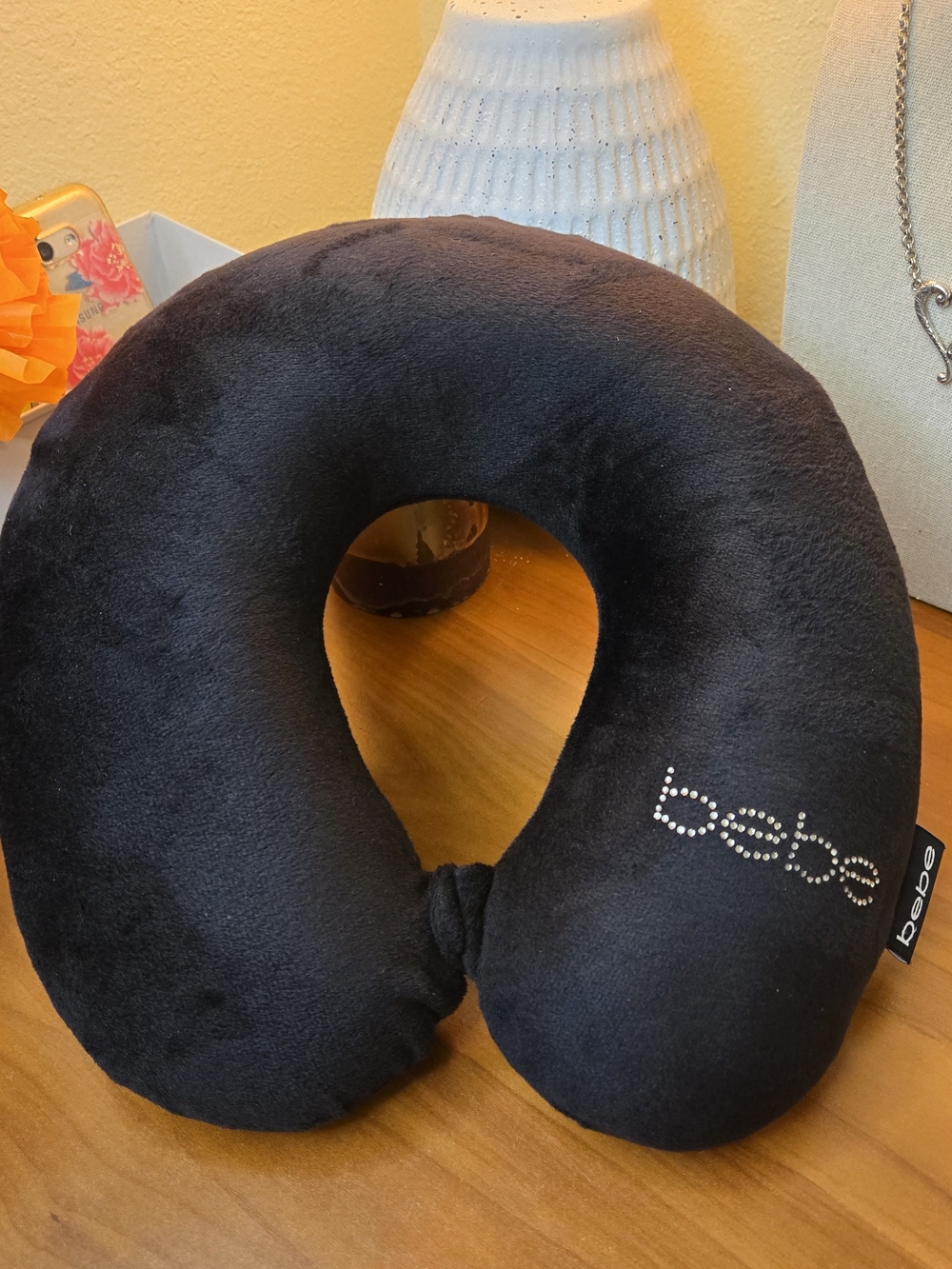 bebe Black Therapeutic Travel Neck Pillow with Rhinestone Logo